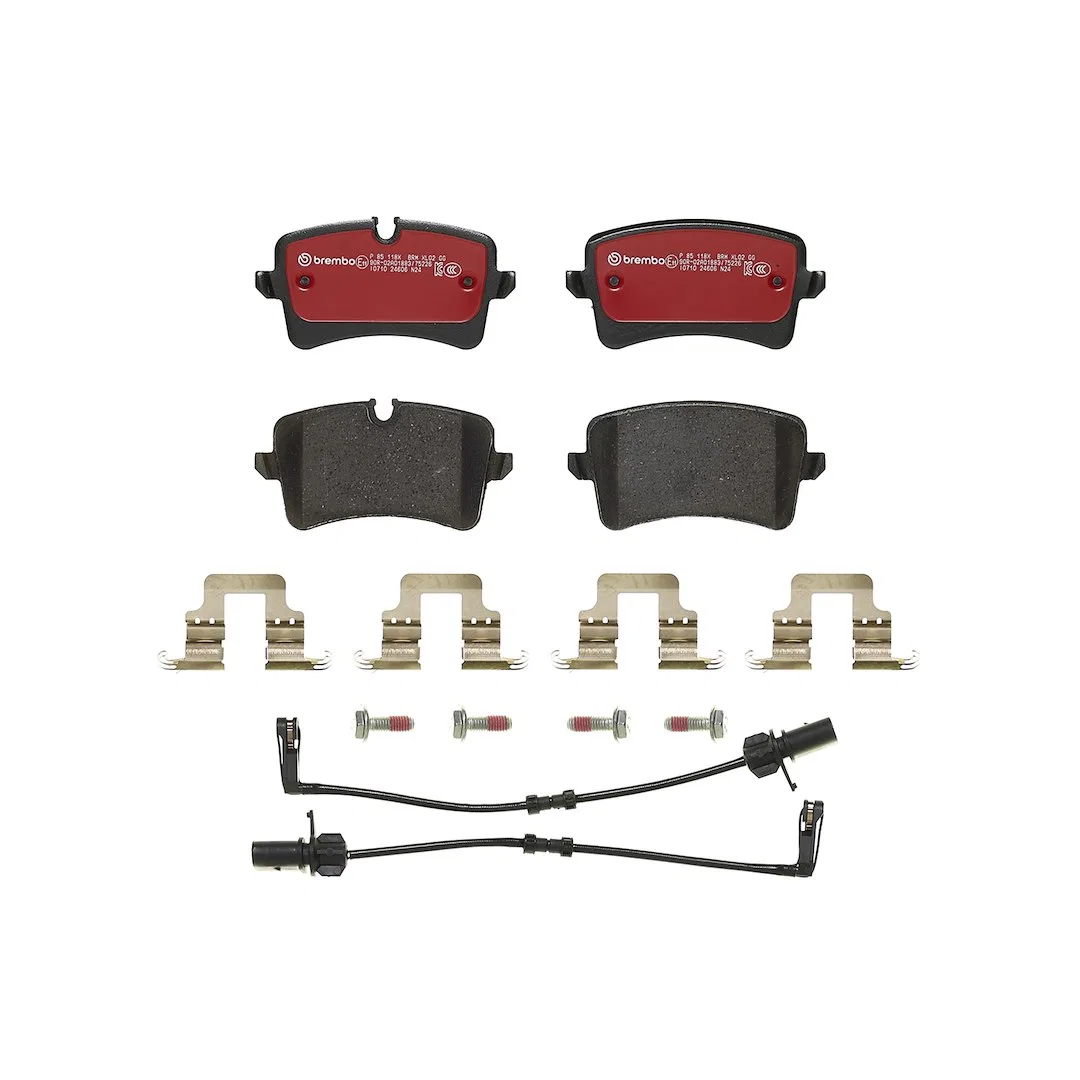 P85118X – BREMBO Brake Pad, FMSI Number D1547-8785 Low-Metallic Set Of 4 With Pad Wear Sensor And Mounting Hardware